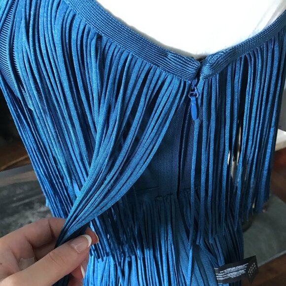 'Herve Leger Paris' One Shoulder Mini Fringe Dress in Petrol Blue - Size Small - Picture 6 of 8